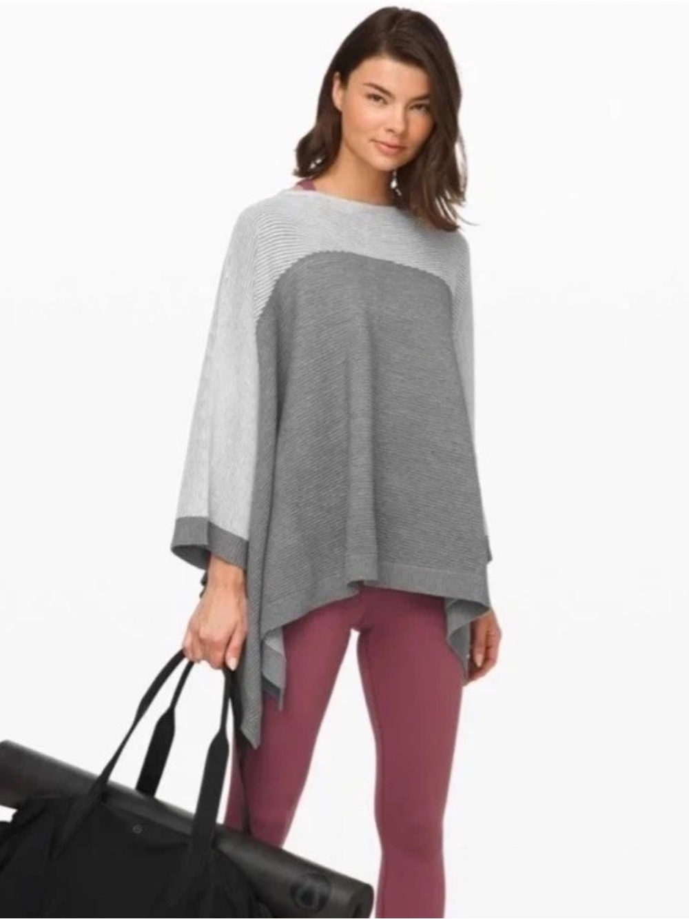 Lululemon Grey Ribbed Knit Open Front Poncho Wrap Metal Logo Tag OS